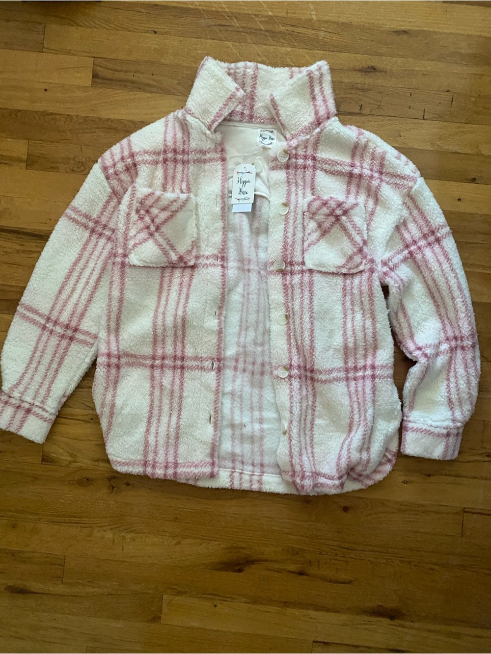 Womans Cream & Pink Plaid Sherpa Button-Up Shirt Jacket